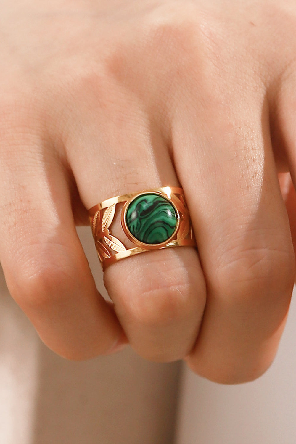 gold malachite leaf ring