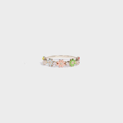 floral zircon silver ring