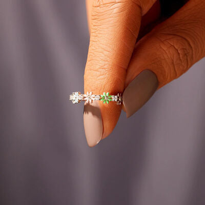 floral zircon silver ring