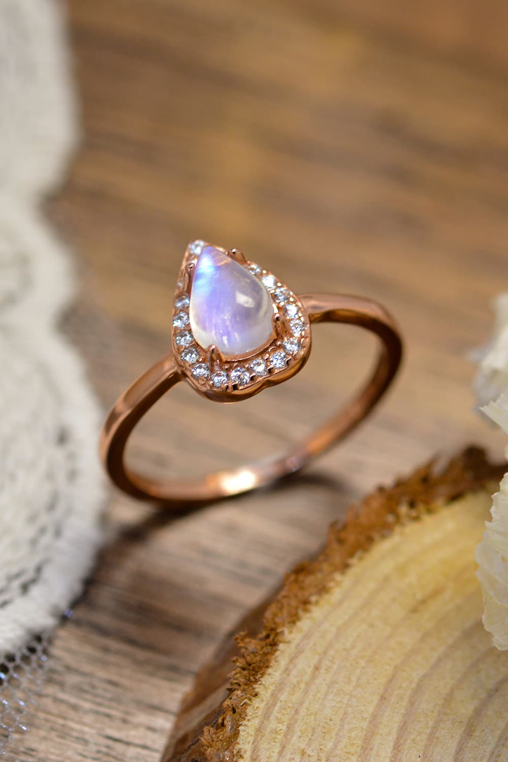 moonstone halo teardrop ring