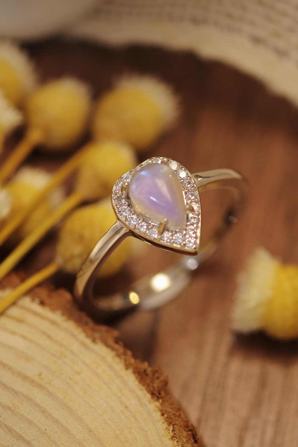 moonstone halo teardrop ring