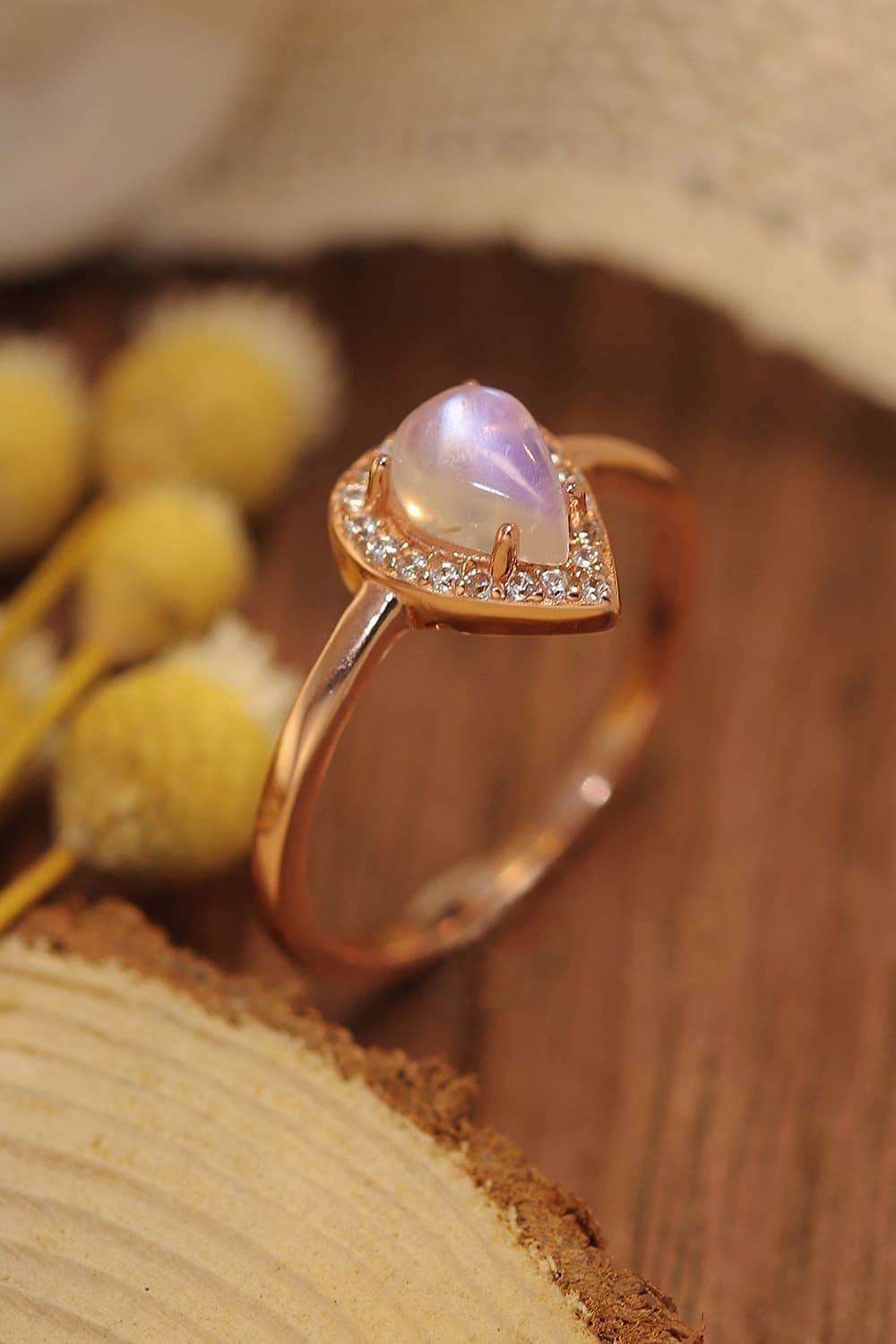 moonstone halo teardrop ring