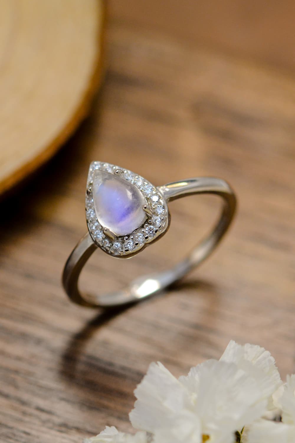 moonstone halo teardrop ring