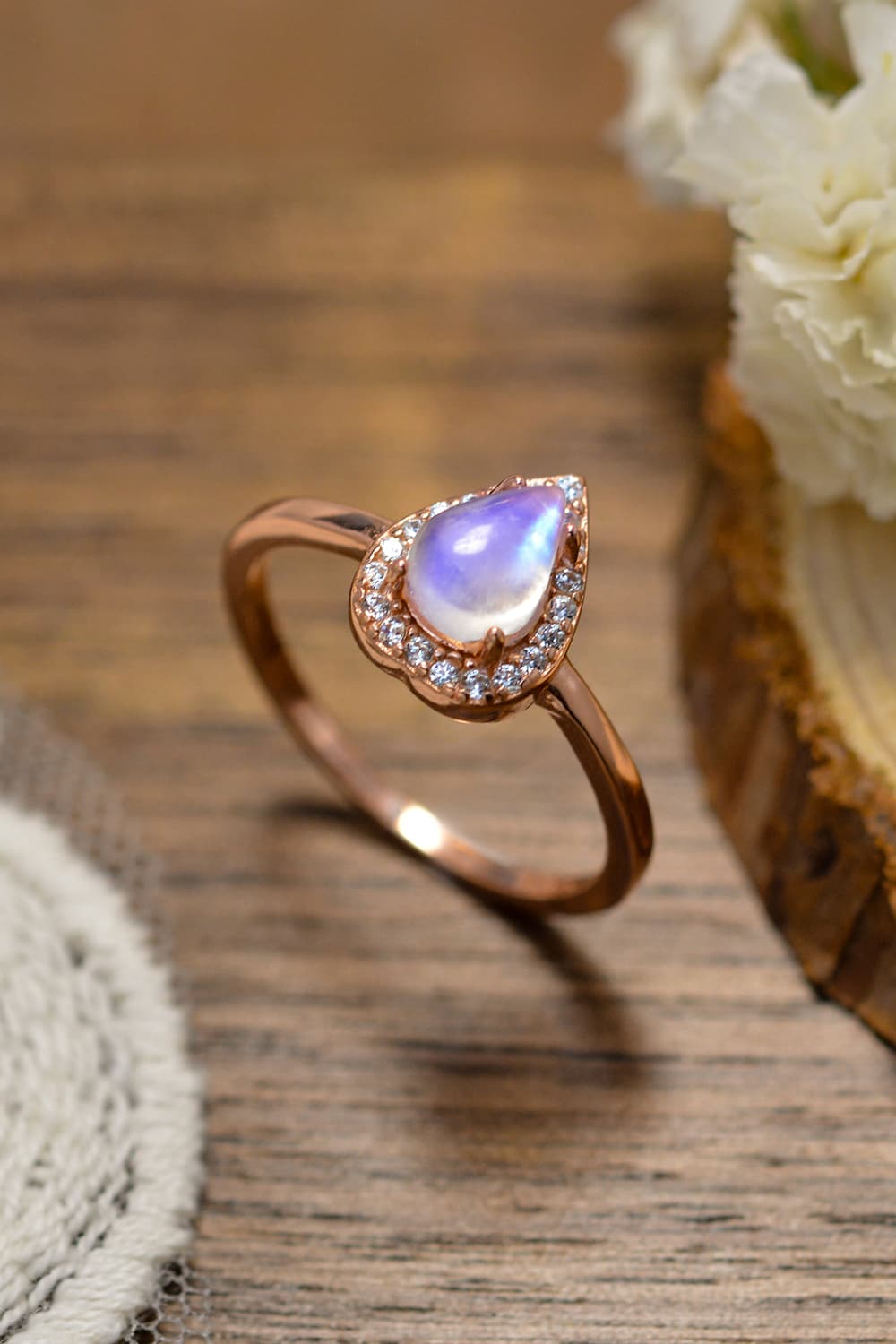 moonstone halo teardrop ring