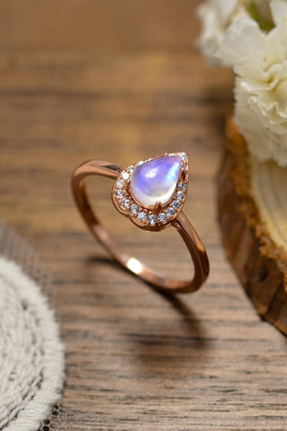 moonstone halo teardrop ring