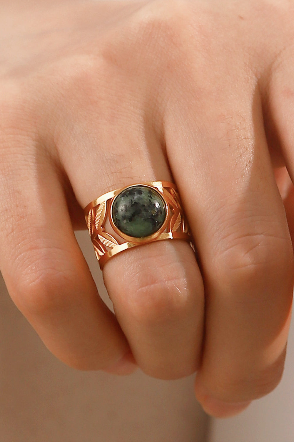 gold malachite leaf ring