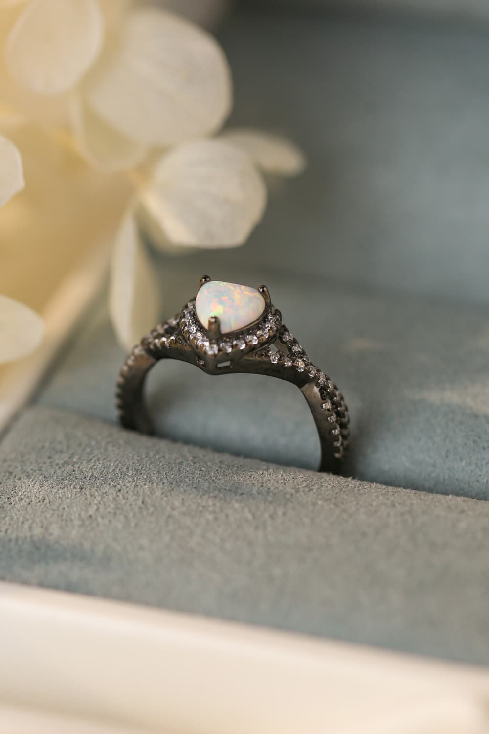 black gold opal heart ring