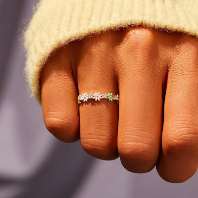 floral zircon silver ring