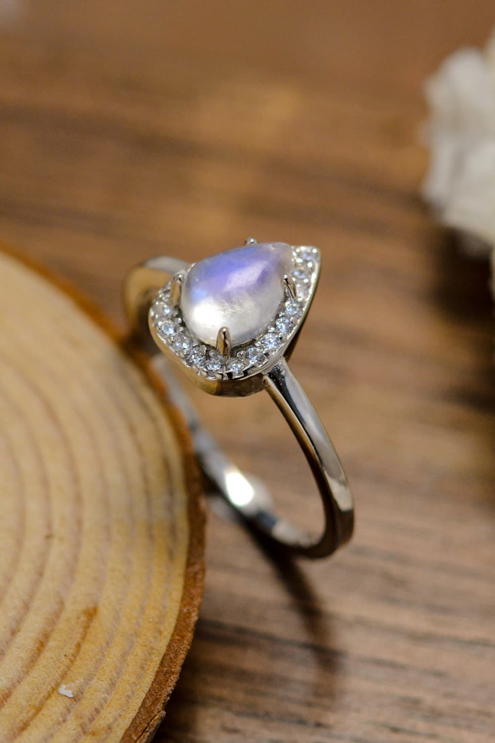 moonstone halo teardrop ring