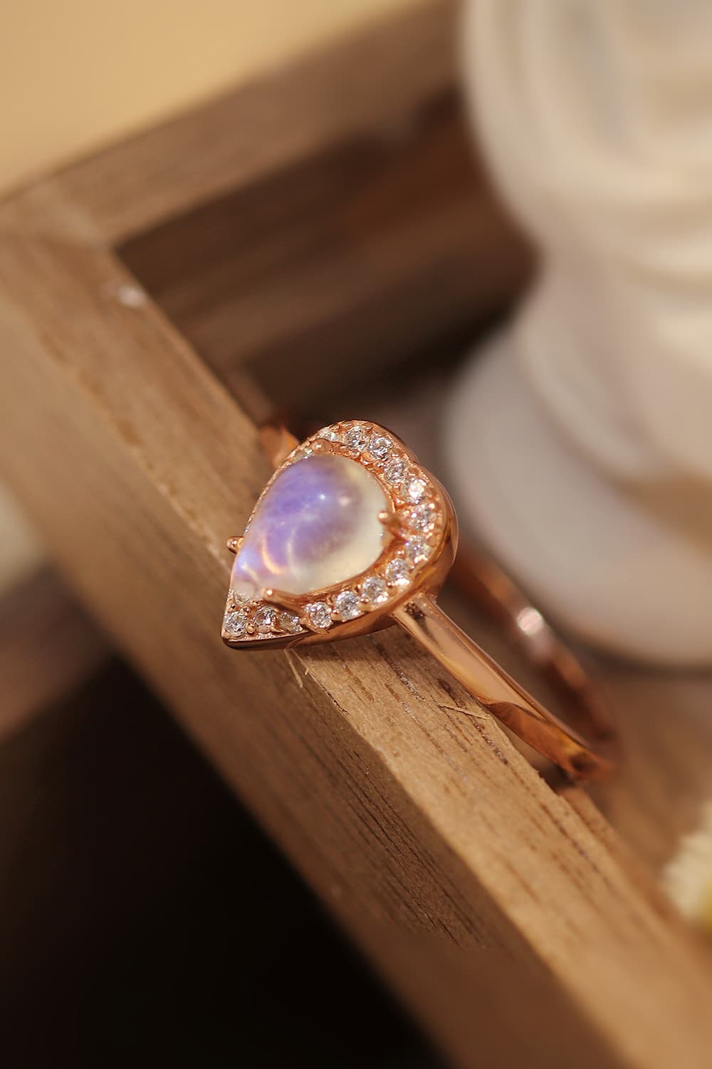 moonstone halo teardrop ring